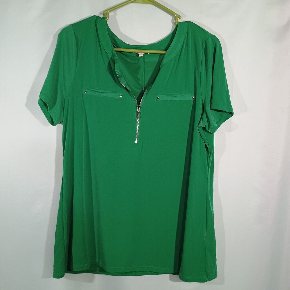 Women's Green Zip Front Blouse Short Sleeve Casual Top Lightweight